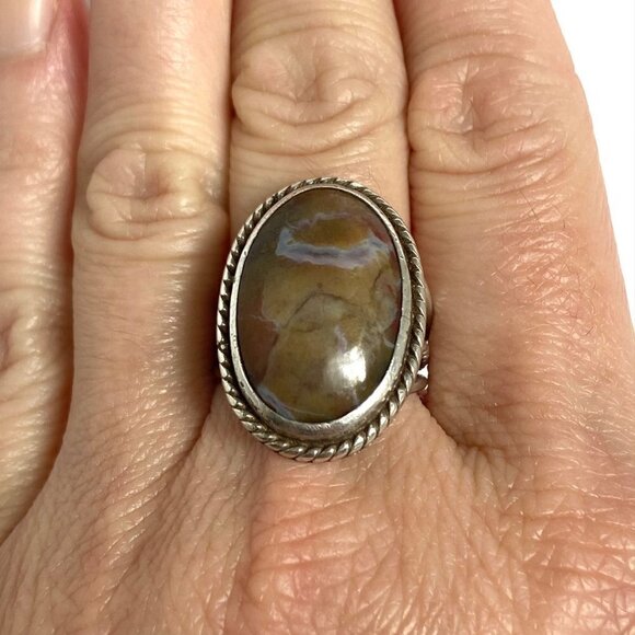 VTG Sterling Silver 925 Signed ED Oval Polychrome Jasper Split Shank Ring Sz 8 - Picture 12 of 16